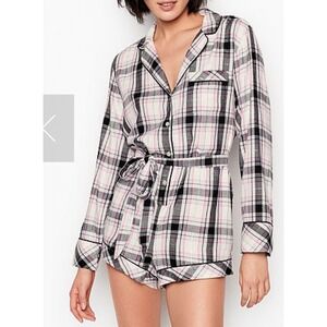 Victoria's Secret Women Plaid Flannel Pajama Romper Metallic M Cozy Chic Casual